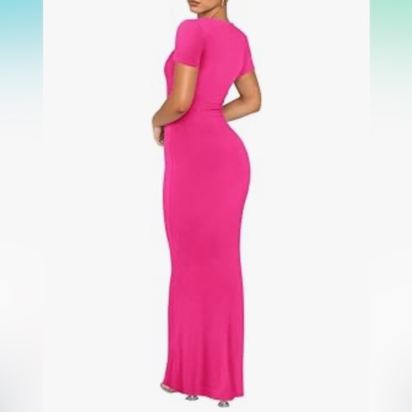 NWT REORIA Casual Lounge Long Dress Elegant Short Sleeve Crew Neck Bodycon Maxi - Picture 4 of 7